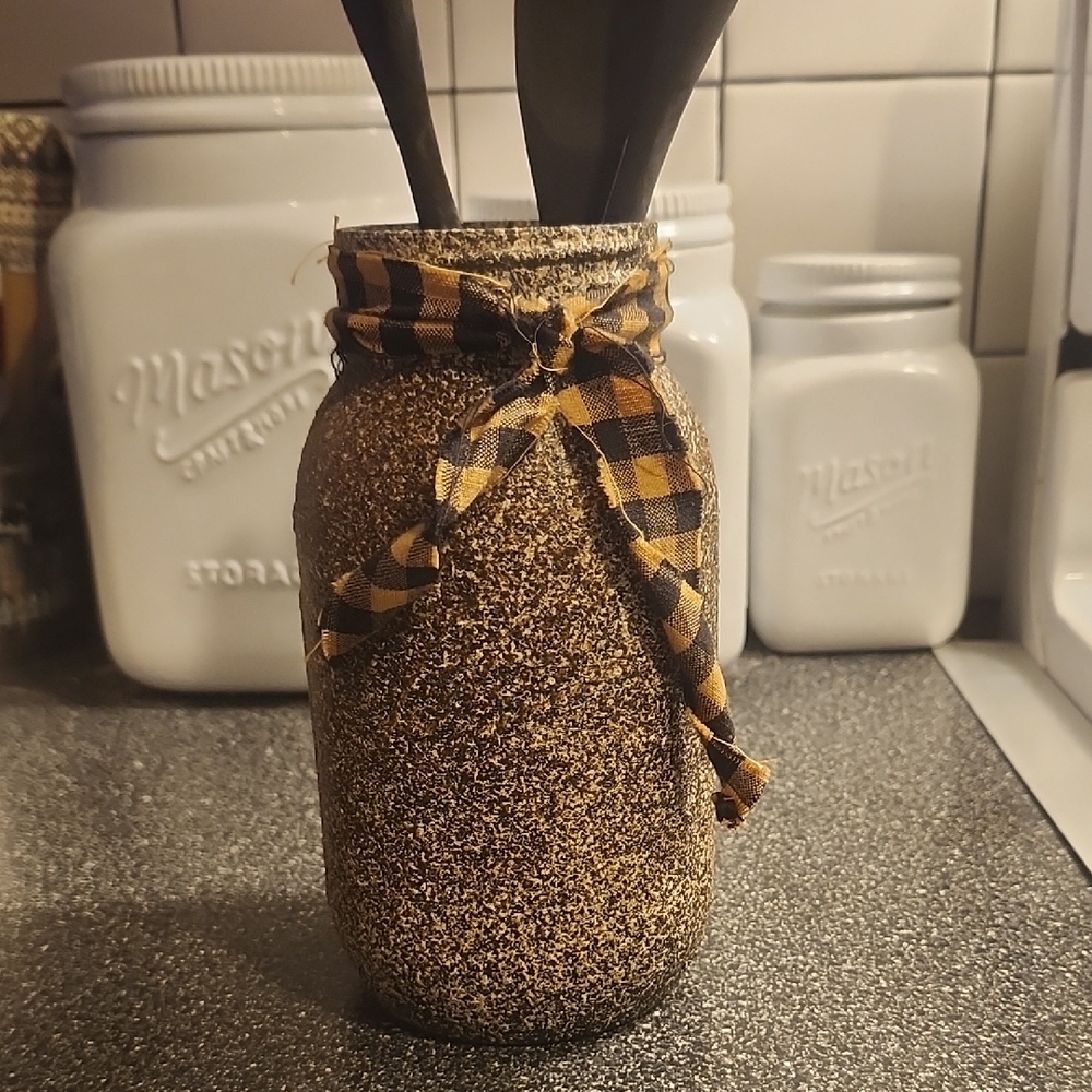 Rustic/Primitive Speckled Mason Jar Utensil Holder with Black and Tan Ribbon